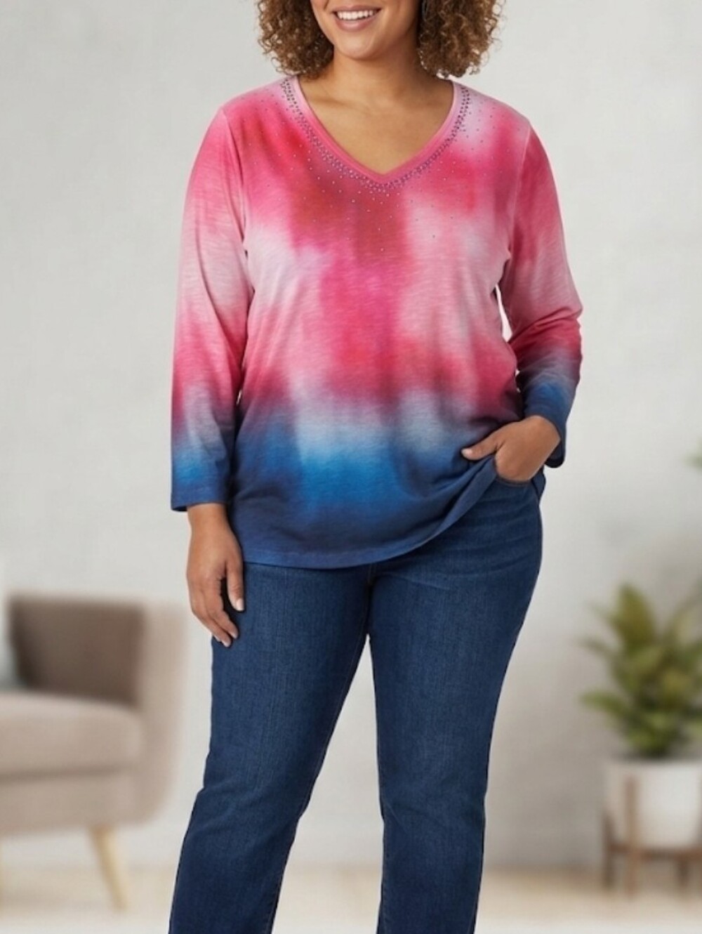 Allison Daley Pink to Blue Ombre V-Neck Top with Rhinestones NWT